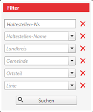 Eingabemaske zum Filtern der Katasterliste nach Haltestellennummer, Haltestellenname, Landkreis, Gemeinde, Ortsteil und Linie.